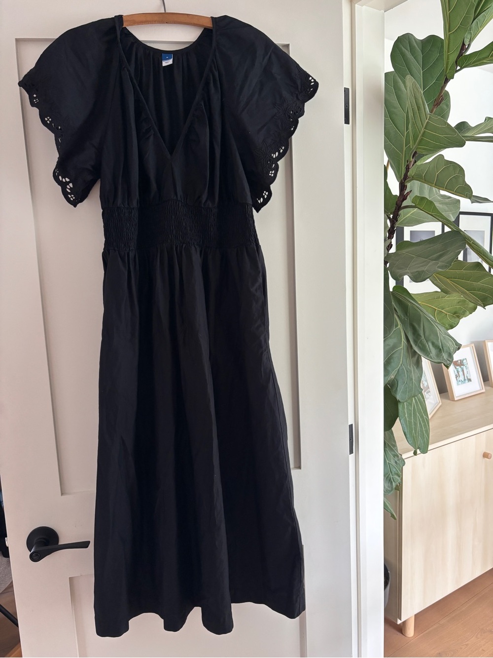 Old Navy Black Cotton Poplin Maxi Dress, Eyelet Sleeves, M